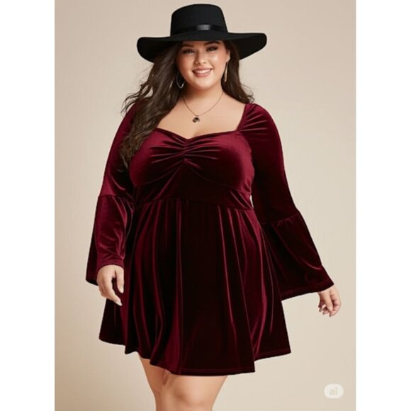 Velvet Mini Whimsy Goth Burgundy Renaissance-Inspired Long Sleeves Dress Size 1X - Picture 1 of 9